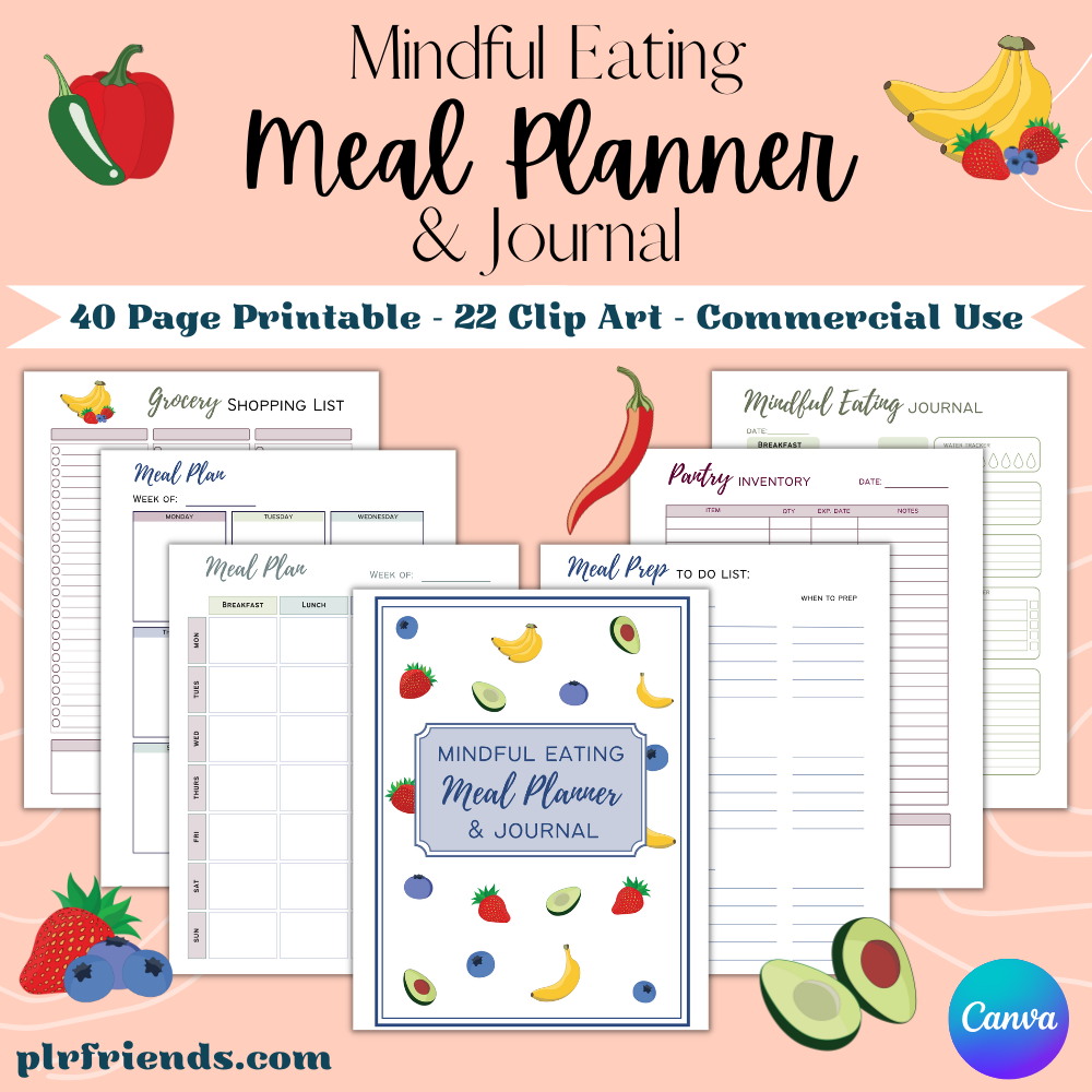 mindful eating meal planner & journal. 40 page printable, 22 clip art, commercial use Canva template. Image of pages.