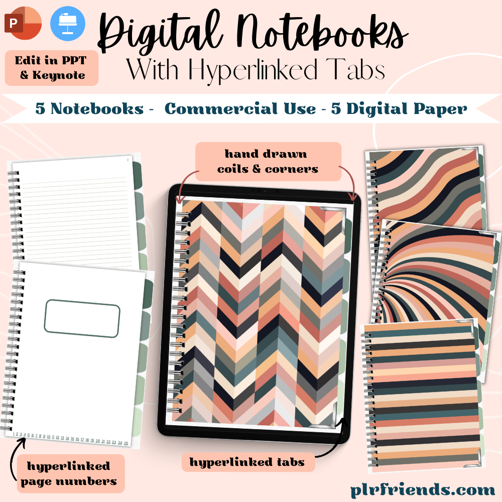 Digital notebooks with hyperlinked tabs: 5 notebooks, 5 digital paper, for commercial use