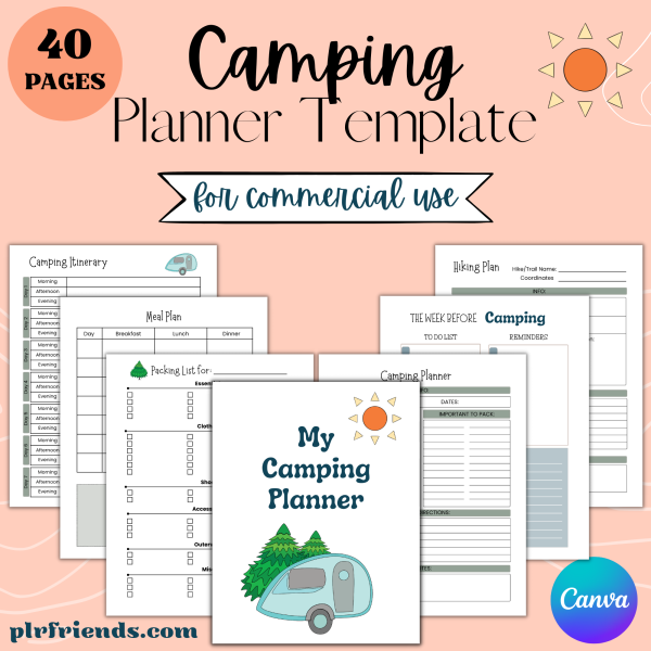 Camping Planner template for commercial use. 40 pages. Mockup image of the planner pages.